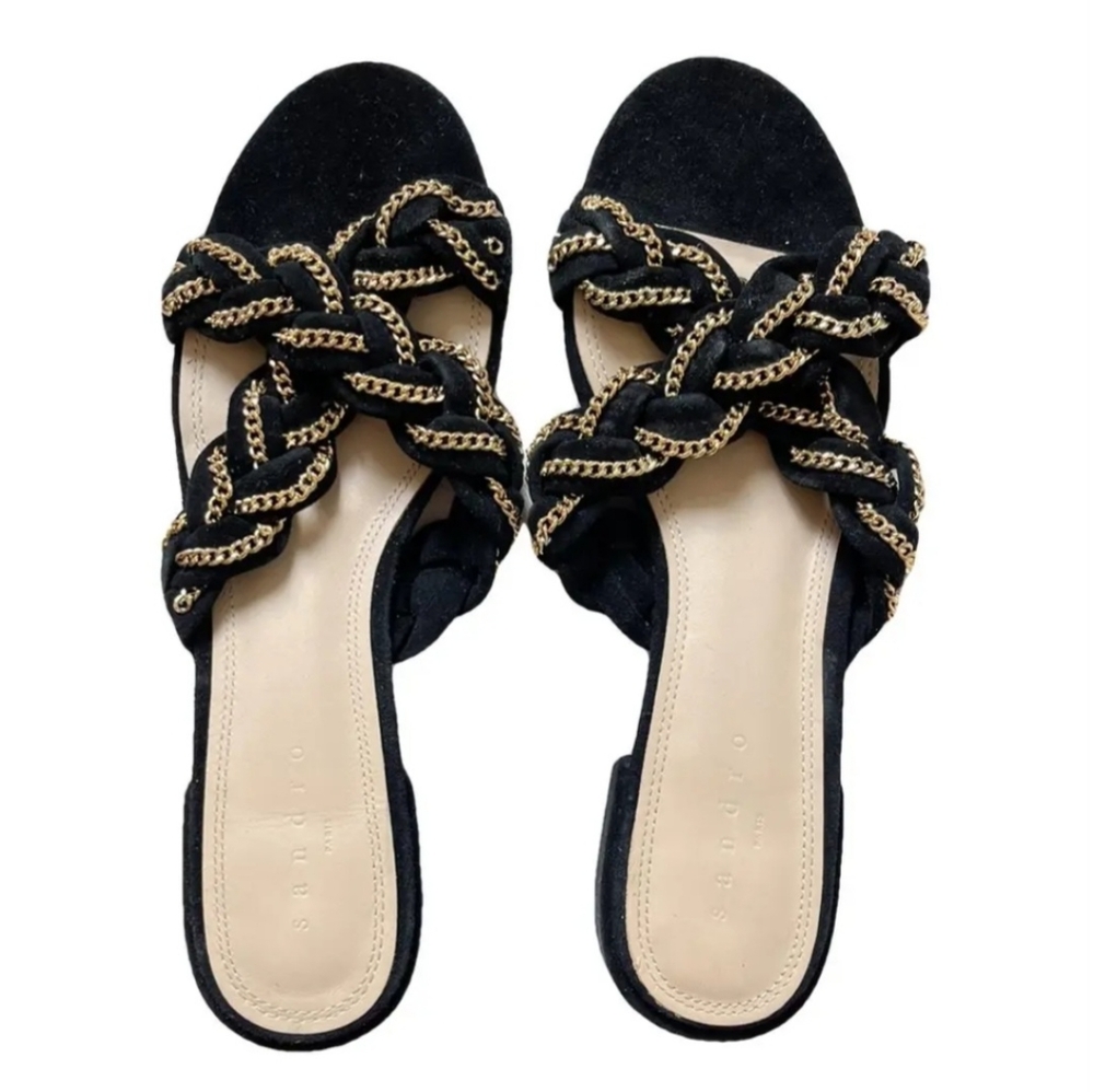 Sandro Chiara Suede Gold Chain Braided Black Slides Size 6.5